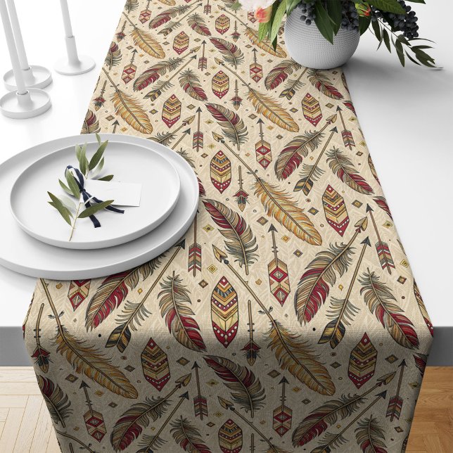Caminho De Mesa Grande Estilo Tribal do Executador de Mesas com Padrões d (Feather Arrows Patterned Table Runner Tribal Style)