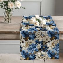 Flores Azuis e Brancas Runner de Mesa Chic