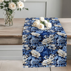 Caminho De Mesa Grande Flores Azuis e Brancas Runner de Mesa Elegante