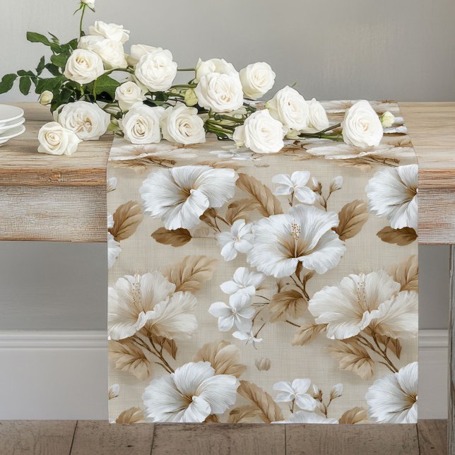 Caminho De Mesa Grande Flores Brancas Neutras Runner de Mesa Bege Marfim (Neutral White Flowers Ivory Beige Table Runner)