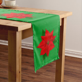 Caminho De Mesa Grande Flores de Poinsettia Vermelha de Natal em Verde