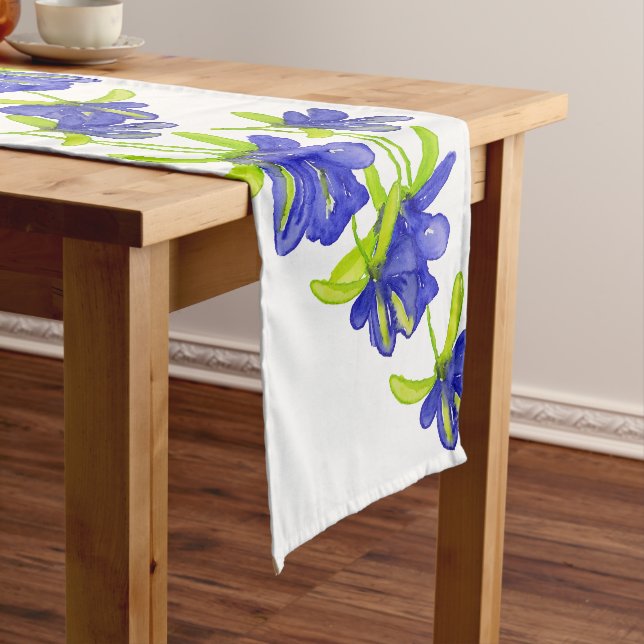 Caminho De Mesa Grande Flores Indigo Iris Aquarela Pintura Mão (No Local)