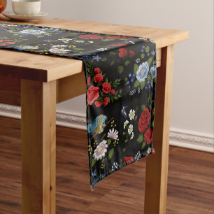 Caminho De Mesa Grande Flores Vermelhos e Azuis Bordados Faux