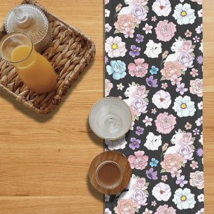 Caminho De Mesa Grande Gato Branco Floral Pastel Botânico Romântico Preto