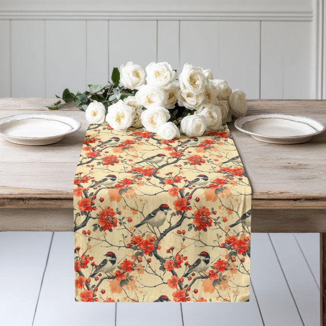 Caminho De Mesa Grande Mesa de Queda Encantadora com Pássaros e Flores (Charming Fall Table Runner with Birds and Blossoms)