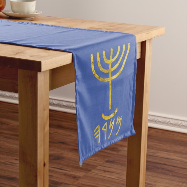Caminho De Mesa Grande Mesa Menorah Runner Azul Dourado (No Local)