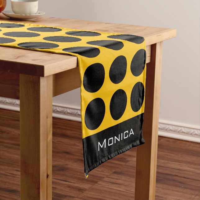 Caminho De Mesa Grande Modern yellow  beige &black dots monogram name (No Local)