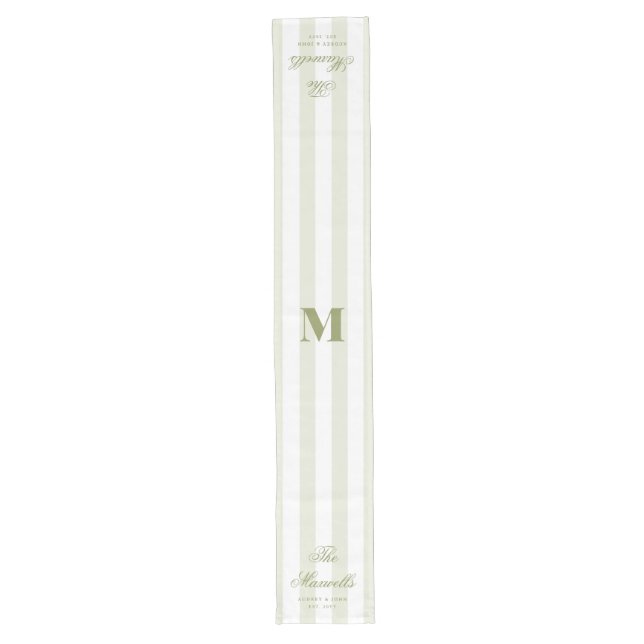 Caminho De Mesa Grande Monograma Casamento Script Listras Verde Branco Re (Frente)