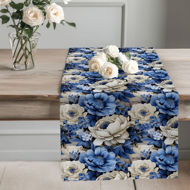 Caminho De Mesa Grande Navy Blue Flowers Ivory Floral Table Runner (Navy Blue Flowers Ivory Floral Table Runner)