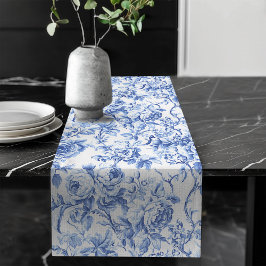 Caminho De Mesa Grande Navy Blue French Toile Roses Floral Table Runner