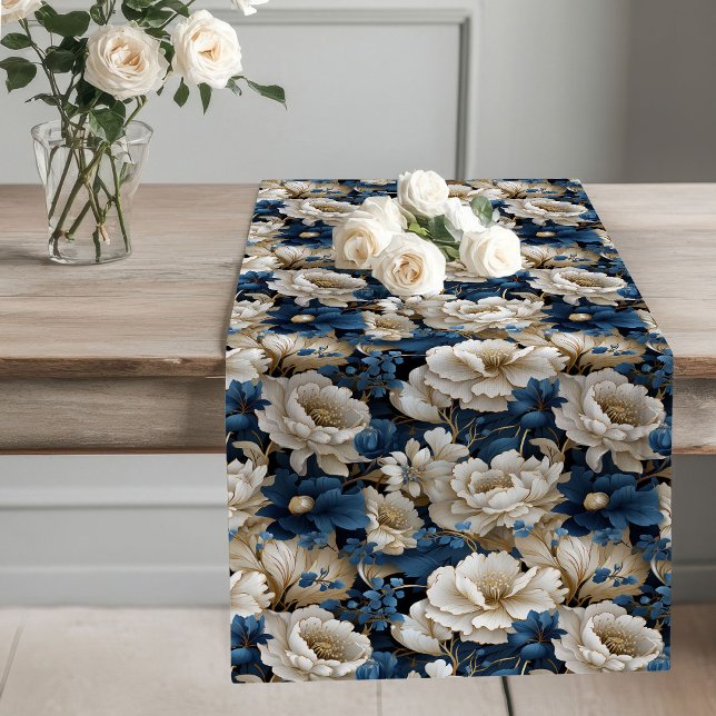 Caminho De Mesa Grande Navy Flowers Ivory Dining Table Runner (Navy Flowers Ivory Dining Table Runner)