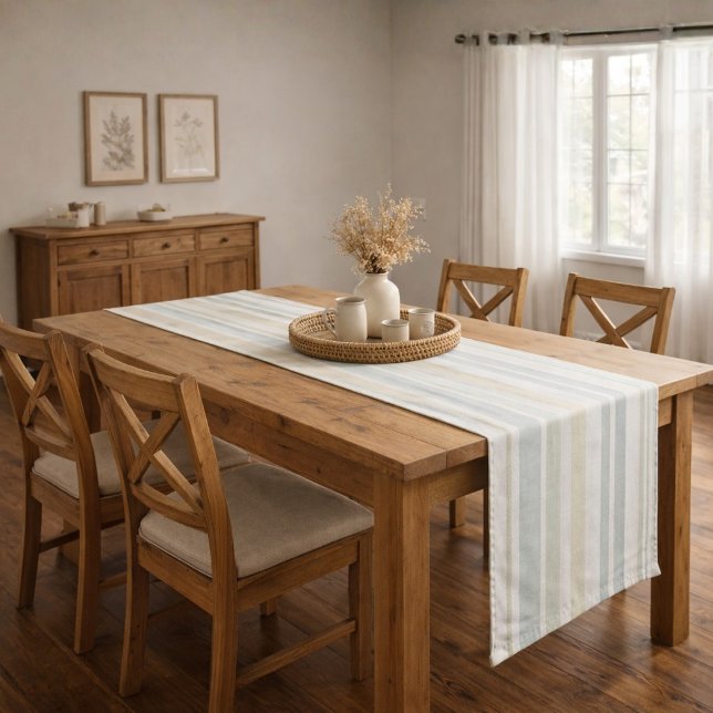 Caminho De Mesa Grande Neutral Dusty Blue Striped | Rustic Farmhouse (Criador carregado)