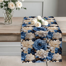 Caminho De Mesa Grande Opulent Blue and Ivory Floral Table Runner