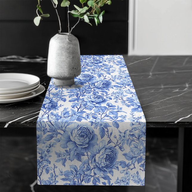 Caminho De Mesa Grande Ornate Blue French Toile Roses Floral Table Runner (Ornate Blue French Toile Roses Floral Table Runner)
