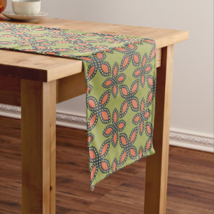 Caminho De Mesa Grande Padrão Floral de Abstrato cor verde e laranja retr