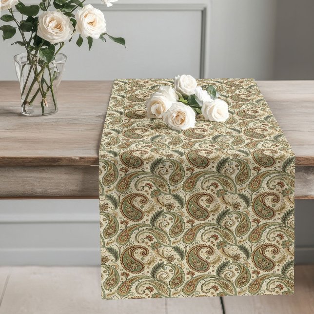 Caminho De Mesa Grande Padrões de Paisley Terrenos Inspirados em Boho Pas (Boho-Inspired Earthy Paisley Patterns Pastel Green Long Table Runner)