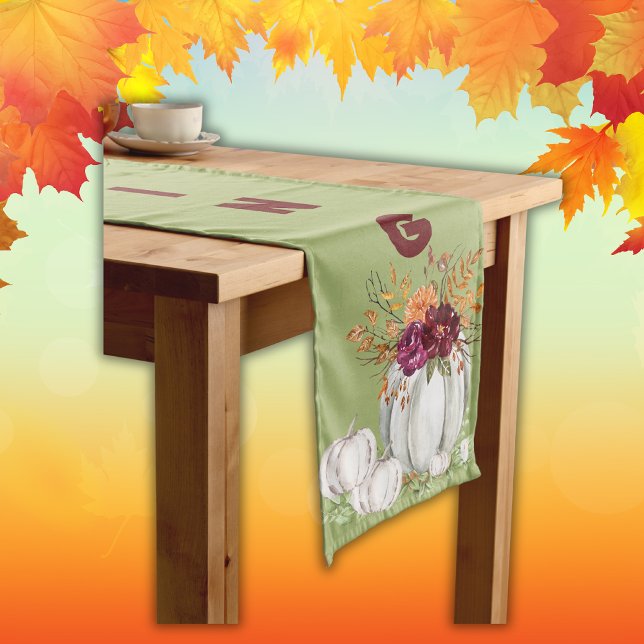 Caminho De Mesa Grande Pumpkin Branco Simples e Ação de Graças Floral | (Criador carregado)