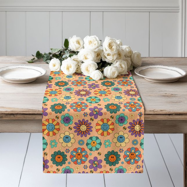 Caminho De Mesa Grande Retro Floral Runner 60s Pastel Dining Accent (Retro Floral Runner 60s Pastel Dining Accent)