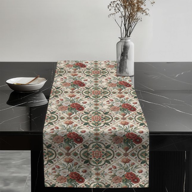 Caminho De Mesa Grande Rosa vermelha de Azulejos Verdes do Chique Pastel (Red Roses Pastel Green Tiles Shabby Chic Decor Long Table Runner)