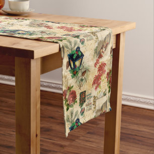 Caminho De Mesa Grande Rustic Vintage Dourada Ephemera de Natal Floral