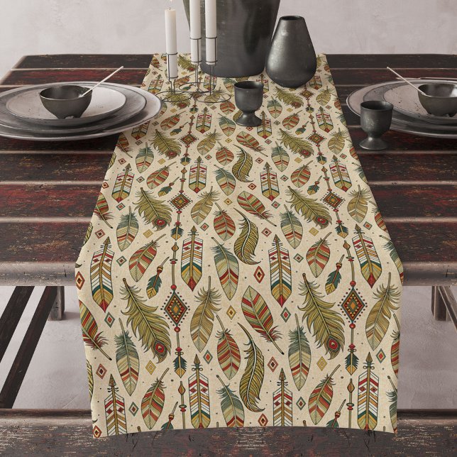 Caminho De Mesa Grande Setas e Penas de Mesas Étnicas Russas (Rustic Ethnic Table Runner Arrows and Feathers)