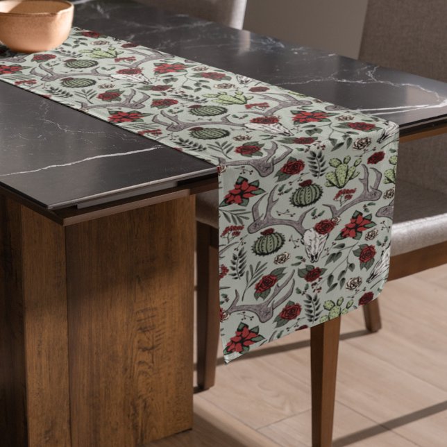 Caminho De Mesa Grande Vaqueira Red and Green Country Antlers (Festive Southwestern Christmas Table Runner. Deer Skull, Antlers, Red Roses, Cacti & Poinsettias.)