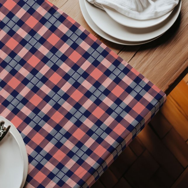 Caminho De Mesa Grande Xadrez de cabo e toque de tendência do Marinho par (Plaid Coral and Navy Trendy Touch for Any Table Long Table Runner)