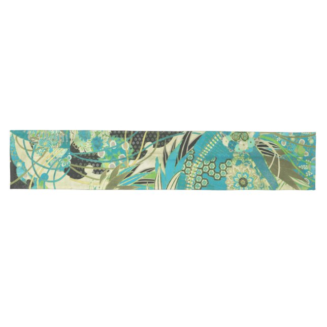 Caminho De Mesa Médio ANTIQUE FLORES JAPONESAS Aqua Azul Floral Verde (Horizontal)