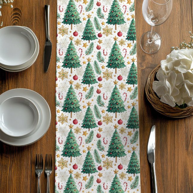 Caminho De Mesa Médio Árvores de Natal Modernas Runner de Jantar Vermelh (Modern Christmas Trees Red and Gold Dining Runner)