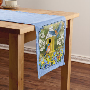 Caminho De Mesa Médio Bluebird e Hexagon Birdhouse Blue