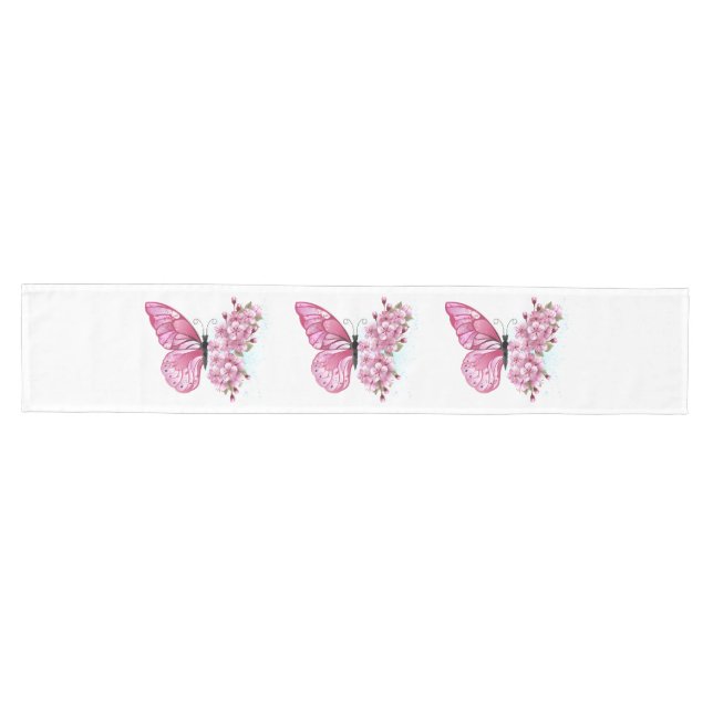 Caminho De Mesa Médio Borboleta Flor com Sakura Rosa (Horizontal)