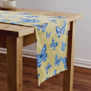 Caminho De Mesa Médio Buraco branco azul de Chinoiserie Borboleta esmaec