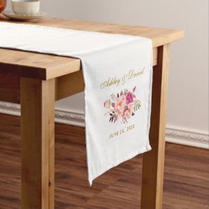 Caminho De Mesa Médio Casamento Dourado Floral Cor-de-Água Rosa