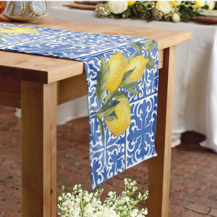 Caminho De Mesa Médio Chá de Noiva com Limão e Azulejo Mediterrâneo