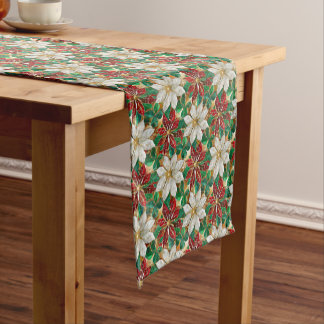 Caminho De Mesa Médio Dourada Poinsettia Vermelha Branca