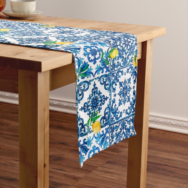 Caminho De Mesa Médio estilo italiano,Mediterrâneo,mosaico,azul,limão (No Local)