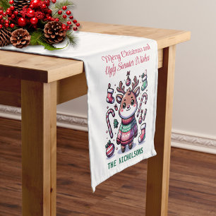 Caminho De Mesa Médio Feliz Natal e Suéter Feio Deseja Reindeer