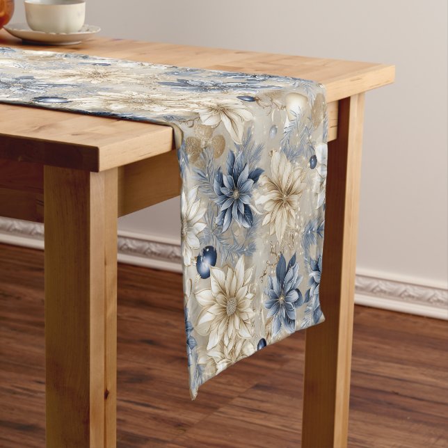 Caminho De Mesa Médio Floral de Natal Azul Elegante (No Local)