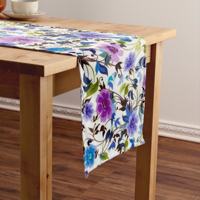 Caminho De Mesa Médio Floral roxo e azul (No Local)