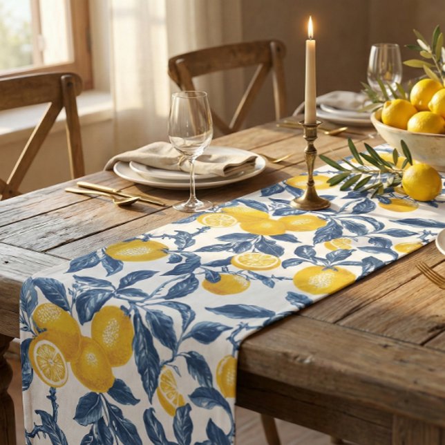 Caminho De Mesa Médio Limões mediterrânicos Padrão Sem Costura (Mediterranean lemon botanical pattern table runner)