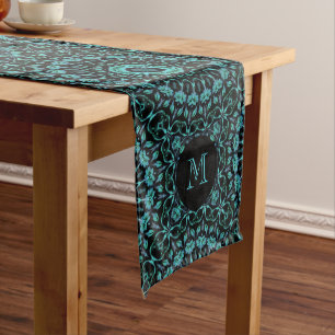 Caminho De Mesa Médio Monograma de Mandala em Azul Teal Escuro