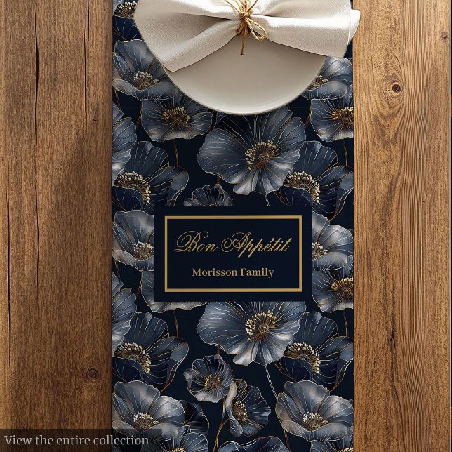 Caminho De Mesa Médio Navy Gold Floral Table Runner Elegant Monogram (Navy Gold Floral Table Runner Elegant Monogram)