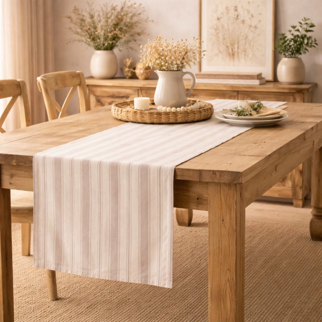 Caminho De Mesa Médio Neutral Rustic Farmhouse Striped Beige & Taupe (Criador carregado)