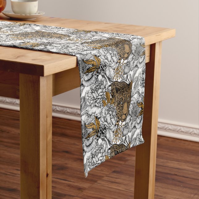 Caminho De Mesa Médio Padrão de leopardo e peônias (No Local)
