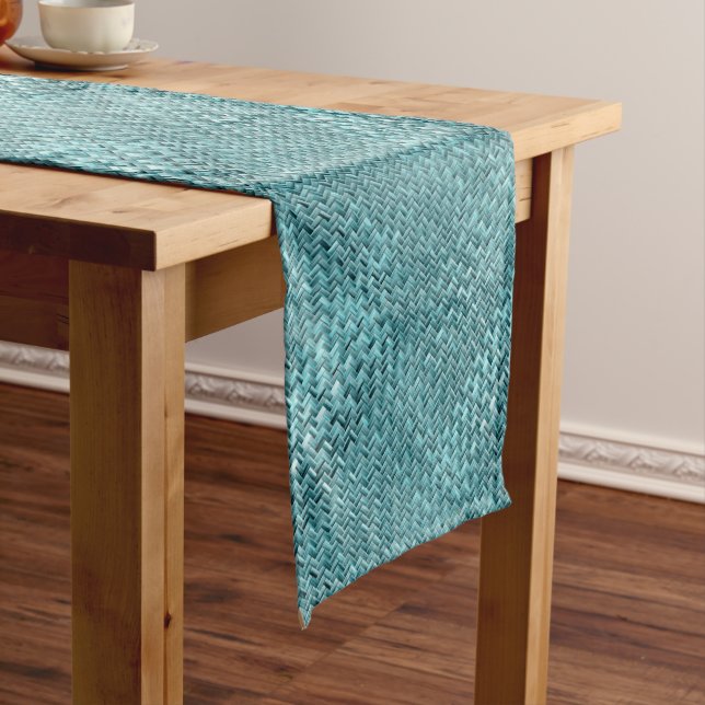 Caminho De Mesa Médio Padrão de Onda Azul Faux Rattan, Turquesa Azul, Te (No Local)