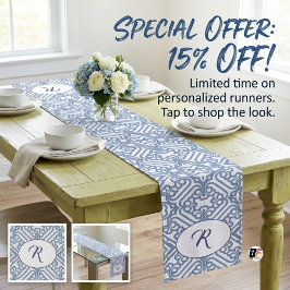 Caminho De Mesa Médio Pessoal M Damasco Elegante Azul Poeirento e Branco