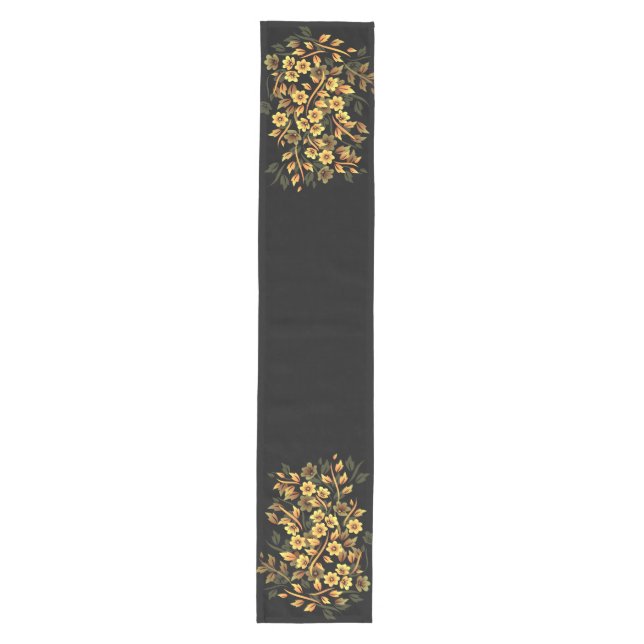 Caminho De Mesa Médio Preto Floral e Dourado (Frente)