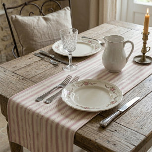 Caminho De Mesa Médio Rosa Vintage e Listras Creme País Francês