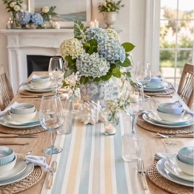 Caminho De Mesa Médio Toalha de Mesa Listrada Coastal Hamptons (Elevate your table with this coastal Hamptons stripe runner—perfect for elegant dinner parties)