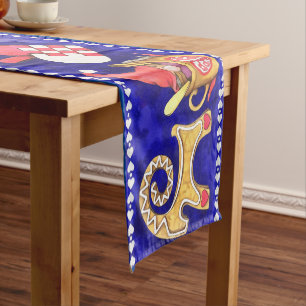 Caminho De Mesa Pequeno Aguarela sueco branca e vermelha azul do Natal